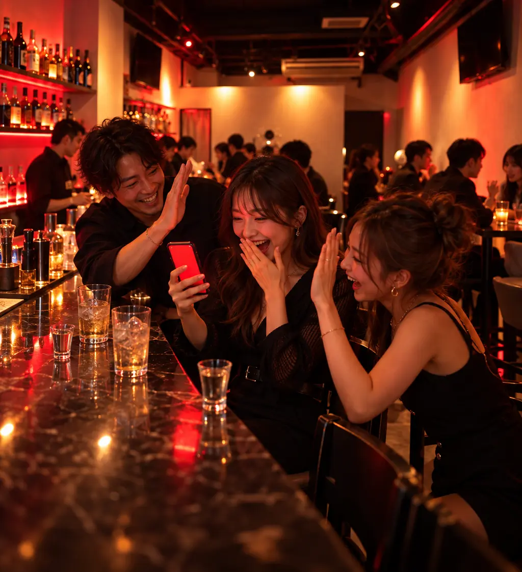 スマホを見て盛り上がる人たち